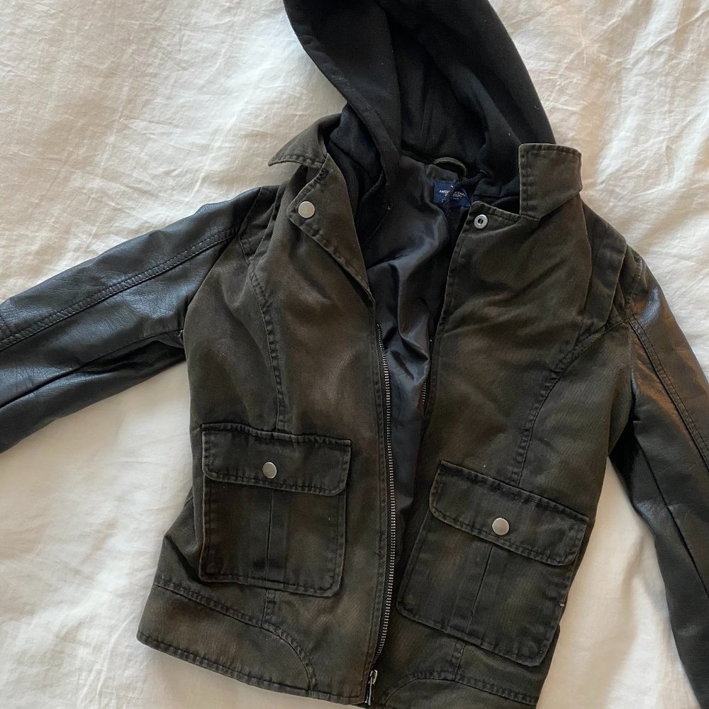 American Eagle Leather Sleeve/ Dark Denim Jacket